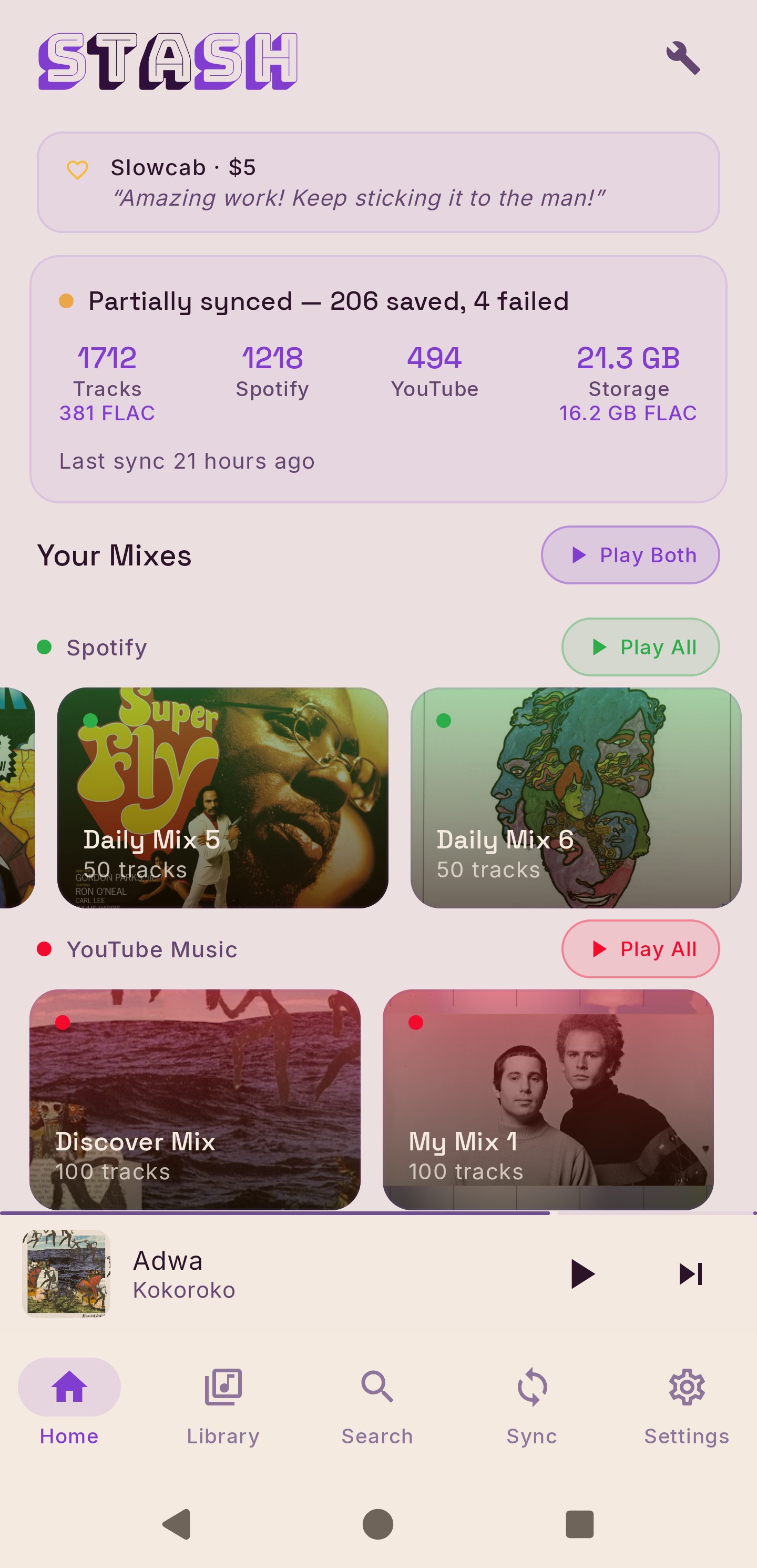 Main Interface — Daily Mixes, Sync Statistics, Supporter Badges